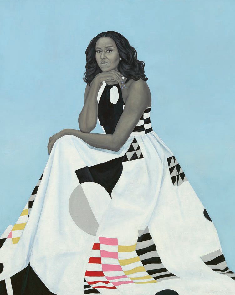 “Michelle LaVaughn Robinson Obama” (2018, oil on linen), by Amy Sherald PHOTO: COURTESY OF THE SMITHSONIAN’S NATIONAL PORTRAIT GALLERY AND THE MUSEUM OF FINE ARTS, BOSTON